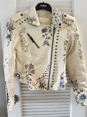 Vintage Blank NYC Cream Leather Floral Studded Moto Jacket